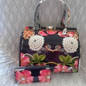 Le Miel Navy handbag with pink flowers and pearls